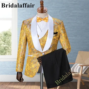 Bridalaffair Мъжки златни костюми жакард флорални печатни сватба смокинг костюм за мъже 3бр нетактичност яке жилетка панталон комплект костюм Homme
