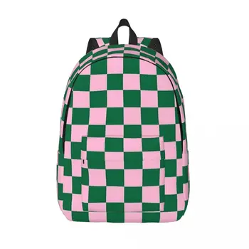 Candy розово и кадмиево зелено шахматна раница спорт студент бизнес геометрични карирани daypack лаптоп платно чанти