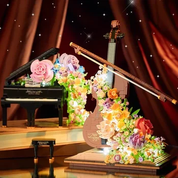 Creative Piano Rose Flower Building Blocks Toys Цигулка модел със светлинни блокове Играчки за момичета Момчета Коледен подарък Детски играчки