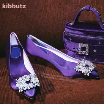Crystal Buckle Pumps Suede Glitter Fabrics Slip-On Solid Purple Pointed Toe Kitten Heel Ophisticated Fashion Elegant Women Shoes