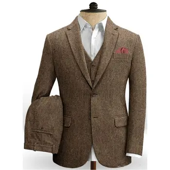 Custom Made Dark Brown Wedding Tuxedos Men Suits Harringbone Tweed Groom Outfits Best Man Suit Men's Blazer Suits Jacket+Pants