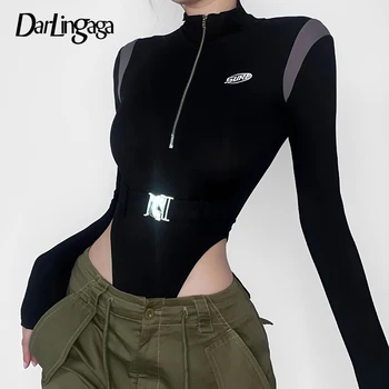 Darlingaga Streetwear Zipper Autumn Bodysuit Female Spliced Buckle Long Sleeve Body Moto&Biker Style Jumpsuit Ризи с дълъг ръкав