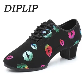 Diplip бална зала танци обувки цветни устни модел дантела нагоре танго танцови обувки Morder танцови обувки Латинска танцови обувки за жени