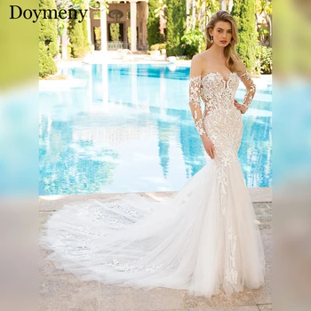 Doymeny 2023 Сватбена рокля за жени Очарователна русалка Скъпа Три четвърти апликации Тюл Сатен драпирана роба De Mariee