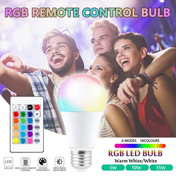 E27 Интелигентна LED крушка RGB лампа за дистанционно управление регулируема 16 цветни 4 режима Лампи за дома Коледни крушки Цветна променяща се крушка