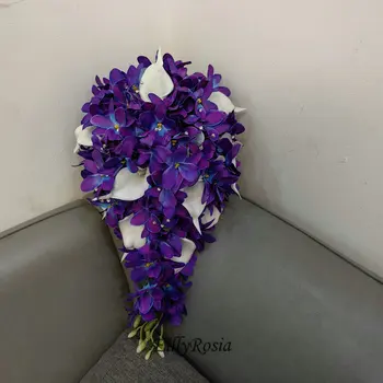 EillyRosia лилаво галактика орхидея каскадно сватбен букет кала лилия сълза булчински букет пайети изкуствени цветя нови