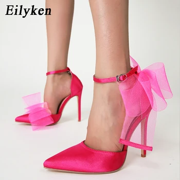 Eilyken 2024 Нов дизайн окото лък-възел сватба жени помпи сандали мода заострени пръсти катарама каишка високи токчета дамски парти обувки