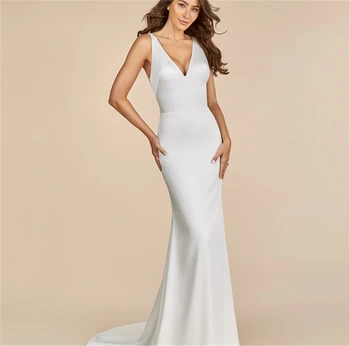 Exquisite vestido de casamento White Deep V-образно деколте съд влак сатен без гръб отпаднала обвивка плюс размер сватбени рокли