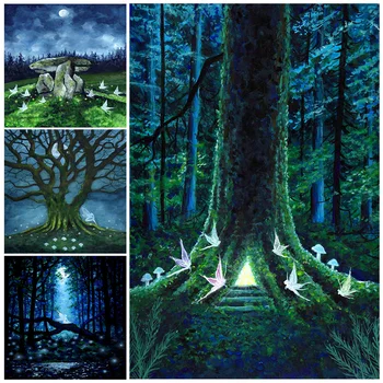 Faerie Lights,Enchanted Woodland,Trees Fairies Abstract Wall Art Canvas Painting Fantasy,Spiritual,Pagan Wicca Art Poster Print