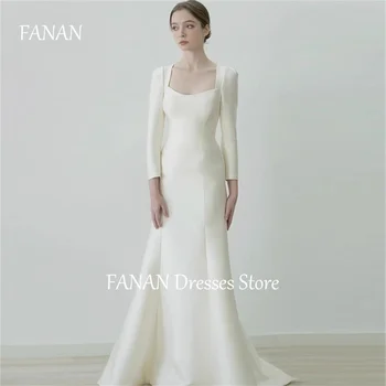 FANAN Square Collar Корея сватбени рокли дълги ръкави Sweep Train 웨딩드레스 Слонова кост русалка прости по поръчка булката рокли плюс размер