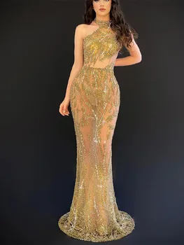 Gold русалка вечерни рокли без ръкави оглавник пайети мъниста апликации секси 3D дантела кухи диаманти абитуриентски рокли по поръчка
