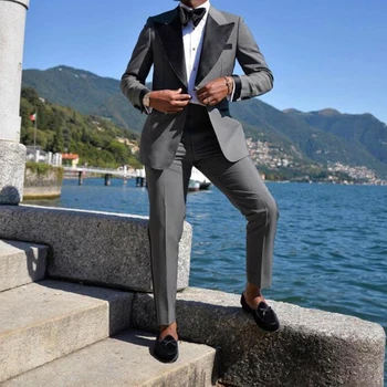 Groom Wear Peaked Lapel For Wedding Tuxedo Fashion Men Jacket Blazer Business Prom Dinner Party Suit (Jacket + Pants + Bow) Slim Fit