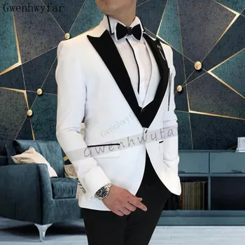 Gwenhwyfar 2023 Нови пристигащи бели костюми Върхов ревер по поръчка сватбени смокинги Slim Fit мъжки костюми (яке + жилетка + панталони)