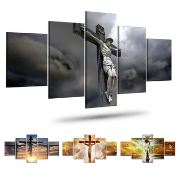 HD отпечатано платно 5 панела Християнски Бог Исус статуя кръст живопис Начало декор плакати стена изкуство картини хол