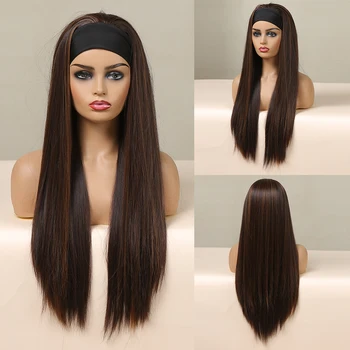 HENRY MARGU Дълга права лента за глава перука синтетична коса кафяв Gloden подчертае без лепило перуки за черни жени машина направени косплей