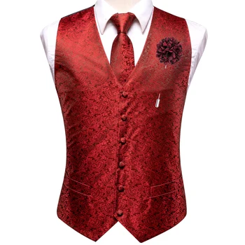 Hi-Tie вино червено мъжки жилетки сватба коприна Пейсли жилетка врата вратовръзка ханки копчета за ръкавели брошка комплект за мъже костюм официален страна дизайнер