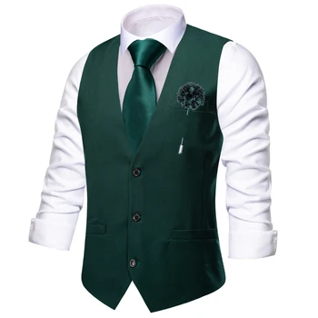 Hi-Tie мъже жилетка изящна коприна тъмно зелен тънък жилетка врата вратовръзка ханки копчета за ръкавели брошка комплект за мъже костюм сватбено парти дизайнер