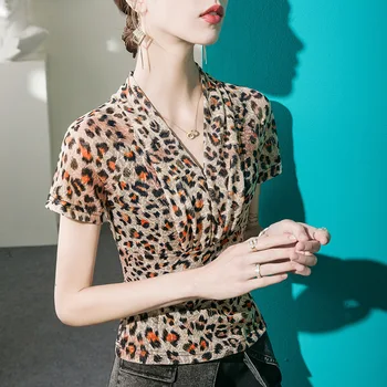 HIgh Quality 2024 Дамски върхове Леопард печат пролет лято тениска женски марля облекло секси изрязване топ дрехи случайни блуза Y2k