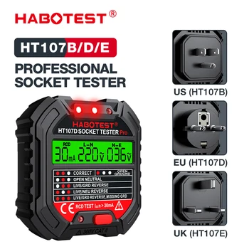 HT107 Socket Tester Pro Voltage Test RCD 5 / 30mA Socket Detector UK EU US Plug Ground Zero Line Plug Polarity Phase Check