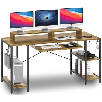 HYPIGO Компютърно бюро с тава за клавиатура и 2 стойки за монитори, дълго бюро с рафтове за съхранение, включени са всички хардуерни инструменти