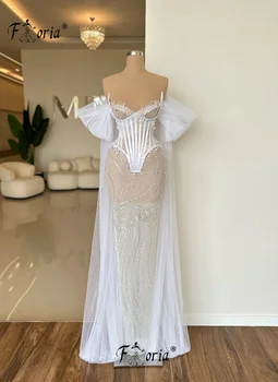 Illusion Off Shoulder White Tulle Evening Dresses with Cape Beaded Corset Prom Dress Sheer Mermaid Special Occasion Gowns 2023