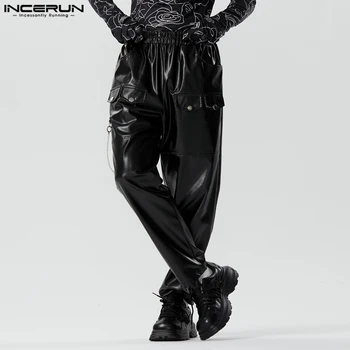 INCERUN 2023 Мъжки панталони верига снаждане дизайн панталони случайни гореща продажба твърди всички мач прости PU кожа плат панталони S-5XL