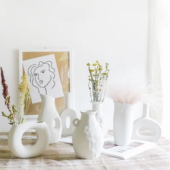 Ins Бяла керамика Вази Скандинавски творчески хидропонни цветя ваза сухи цветя подреждане контейнер прост дом десктоп декор