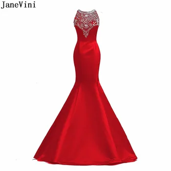 JaneVini Луксозна червена русалка Дълги шаферски рокли O Neck Тежки мъниста илюзия обратно сатен елегантен арабски абитуриентски парти рокли