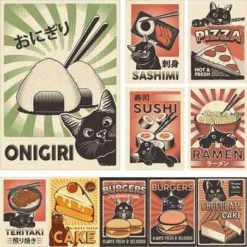 Japan Food Sushi Ramen Sashimi Teriyaki Funny Black Cat Poster Canvas Painting Cute Animal Delicious Wall Art Kitchen Room Decor