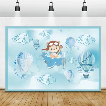 Laeacco карикатура мечка синьо небе облаци горещи балони фотография фон бебе дете рожден ден парти снимка фон фото студио