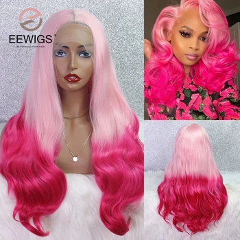 Light Ombre Pink Synthetic Loose Wave Lace Front Wig Heat Resistant Middle Part Party Cosplay перуки за черни жени ЕВИГС
