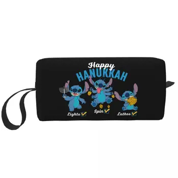 Lilo And Stitch грим чанта голяма козметична чанта за мъже жени Happy Hanukkah тоалетна чанта за съхранение торбичка чанта