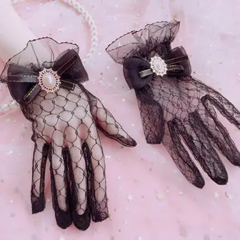 Lolita Style Ръкавици Елегантни бели дантелени сватбени ръкавици с изкуствени перлени акценти за абитуриентски банкети Коктейлни партита Противоплъзгащи за A