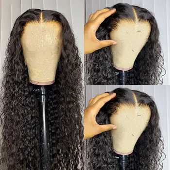 Loose къдрава синтетична 13X4 дантела предни перуки лепило високо качество топлоустойчиви влакна коса средата раздяла за черни жени перуки