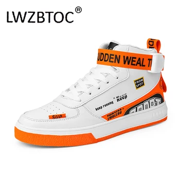 LWZBTOC Мъжки високи топ скейт маратонки класически апартаменти обувки плюс голяма буква лого бял скейтборд обувки мода оранжево