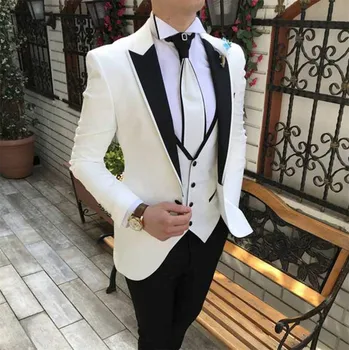 Men 3 Piece Suits Slim Fit 2023 Нови ежедневни бели абитуриентски парти костюми за сватбени младоженци Tuxedos (яке + черни панталони)