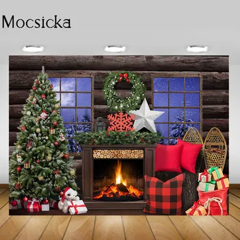 Mocsicka 2021 Коледен фон Фотография Коледно дърво Камина Прозорец Снежна луна Детски портрет Фотосесия