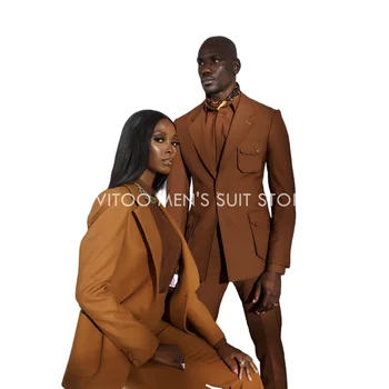 New Couple's Wear Brown Mens Lady Suits Slim Fit 2 броя Сватбени смокинги Официален абитуриентски комплект (яке + панталони) Бизнес блейзър екипировки