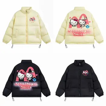 New Hello Kittys Sanrios памучни дрехи Kawaii зимата запази топло карикатура сгъсти момиче сърце двойка печат памук подплатени яке