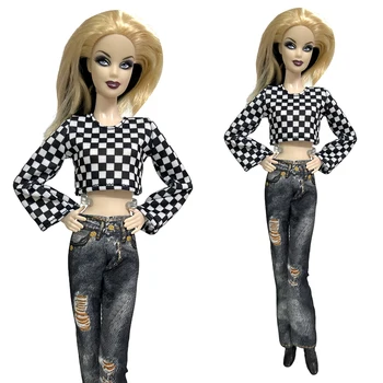 NK 1 Комплект 30CM Princess Fashion Черно бяло каре дрехи с дълги ръкави Ежедневни дънкови панталони за кукла Барби Аксесоари Подарък играчка