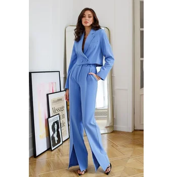 Office Lady Women Suits Blue Fashion Notch Lapel Formal Casual Outfits 2 Piece Chic Basics Pants Set Slim Fit Blazer with Pants