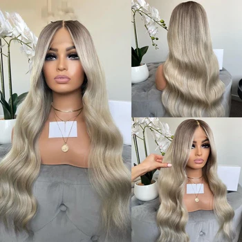 Ombre Ash Blonde Long Natural Wave Remy Human Hair Full Lace Wigs With Silk Base For Women With BabyHair Brazilian PrePlucked