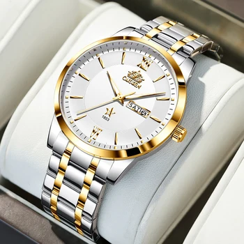 OUSGEN Нов луксозен мъжки ръчен часовник бизнес водоустойчив светлинен дата човек часовник неръждаема стомана лента спортни мъжки кварцови часовници