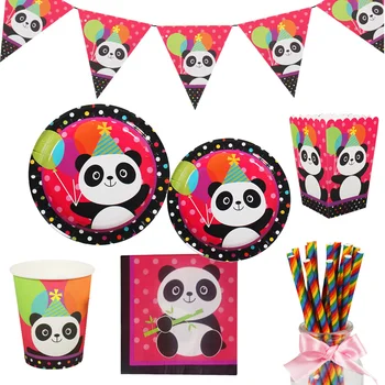 Panda парти консумативи Panda прибори за хранене Комплект Panda хартиени чинии Чаши Салфетки Сламки за панда Рожден ден Бебешки душ парти