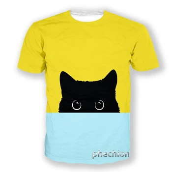 Phechion Нова мода мъже / жени сладък елегантен черна котка 3D печат къс ръкав тениска случайни летни тениски върховете S08
