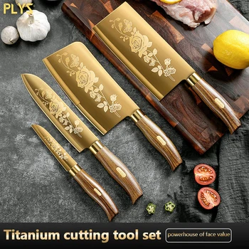 PLYS-луксозен златен кухненски нож комплект острие от неръждаема стомана със златно титаниево покритие готвач нож комплект за кухня