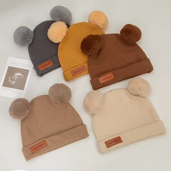 Pompom Faux Cashmere Baby Turban Hats Leather Stick Warm Winter Caps Newborn Boys Girls Beanies Bonnet Kids Headwraps Headwear