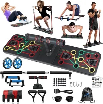 Portable Home Gym Equiptment Push-Up, Пилатес Упражнение & 20 Фитнес аксесоари със съпротивление, седяща основа, колело - Fu