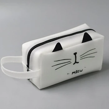 PU кожа черно/бяло котка форма молив случай преносим пътуване измиване торбичка женски баня козметика грим чанта голяма пазарска чанта за тоалетни принадлежности