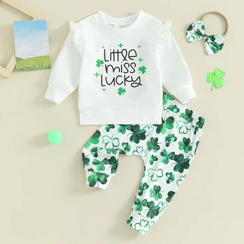 PUHHAPIEY Baby Girl St Patrick s Day Outfit Luckey Ruffle Crewneck Суитшърти Зелени панталони Лента за глава Clover облекло Set